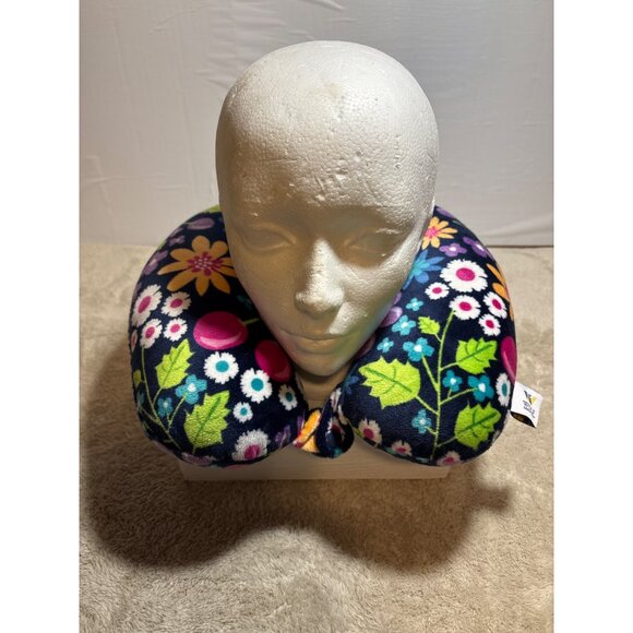 Floral Travel Neck Pillow By Wolf Essentials - 100% Polyester Fiber Navy Backgro - Picture 1 of 7